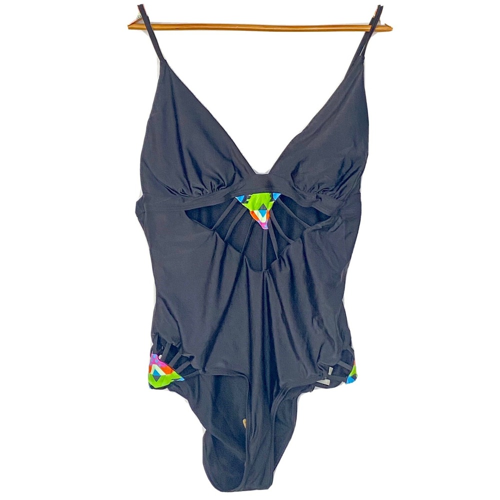Black One Piece Bathing Suit Womens Large‎ Open String Front Side New Padded C